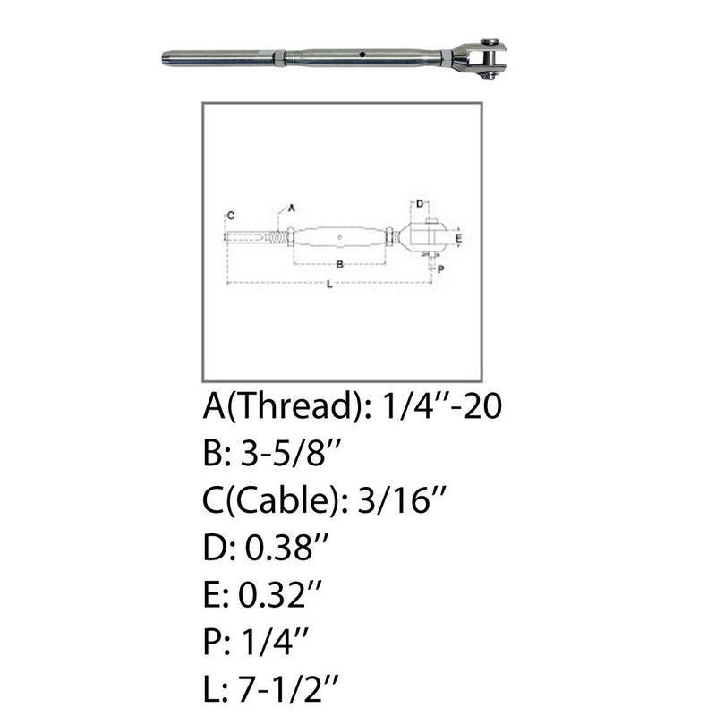 1/4" Thread Fork & Hand Swage Stud Turnbuckle 1/8", 3/16" Cable Stainless Steel