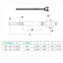 1/4" Thread Fork & Hand Swage Stud Turnbuckle 1/8", 3/16" Cable Stainless Steel