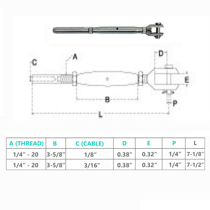 1/4" Thread Fork & Hand Swage Stud Turnbuckle 1/8", 3/16" Cable Stainless Steel