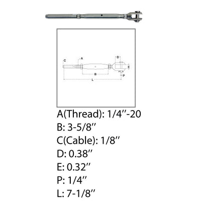 1/4" Thread Fork & Hand Swage Stud Turnbuckle 1/8", 3/16" Cable Stainless Steel