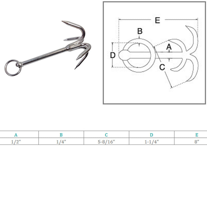 Stainless Steel 304 Hook Anchor 8" (200mm) Marine Grade Grapple Grappling Hook